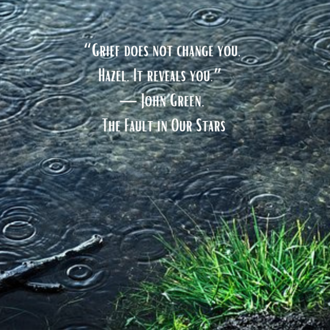 Raindrops falling on water with a grass patch and an inspirational quote.