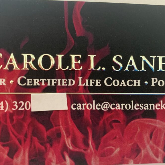 A business card for Carole L. Sanchez, a certified life coach and podcaster.